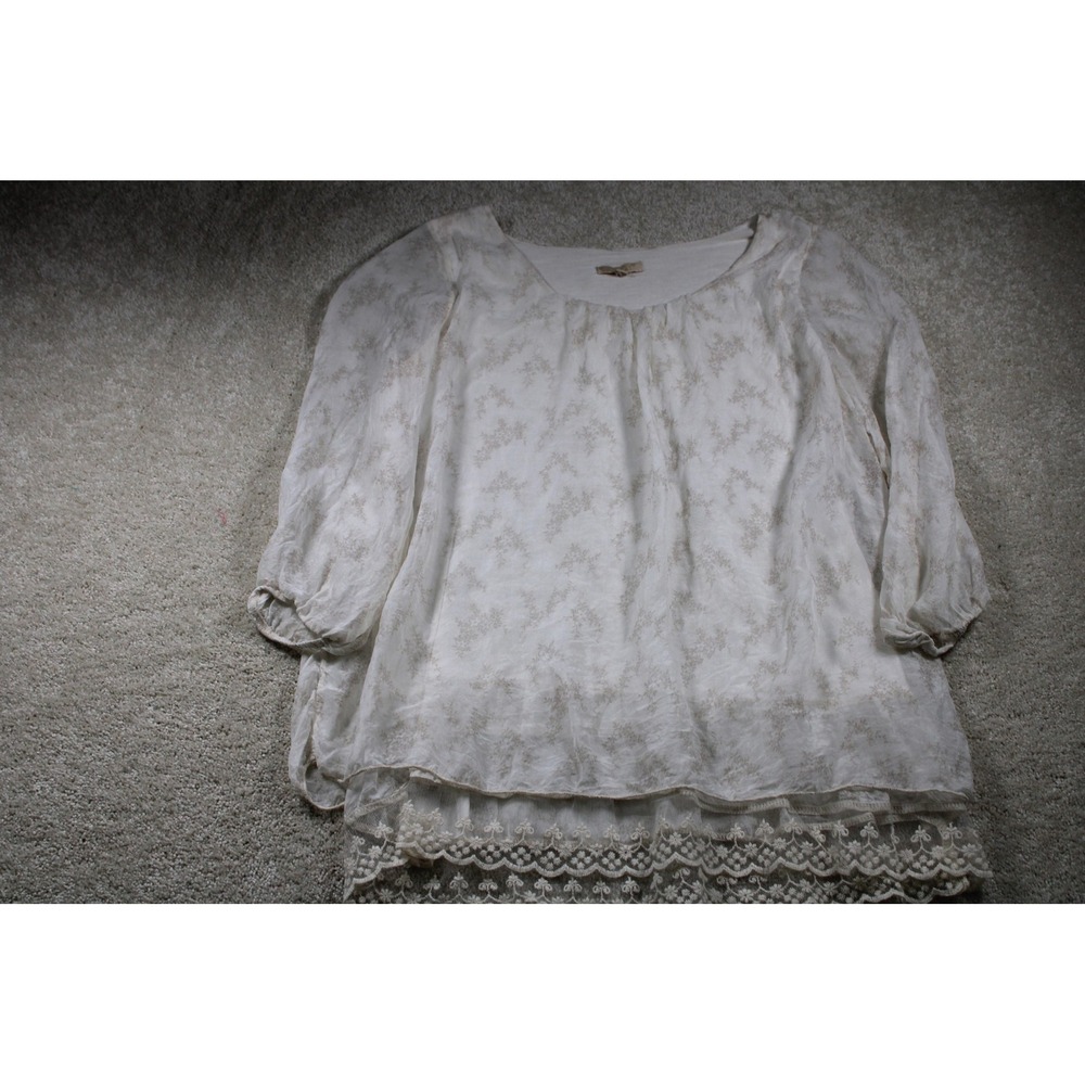 Giuseppina‎ Shirt Womens Medium Floral Sheer Lace Hem Peasant Top Made in Italy